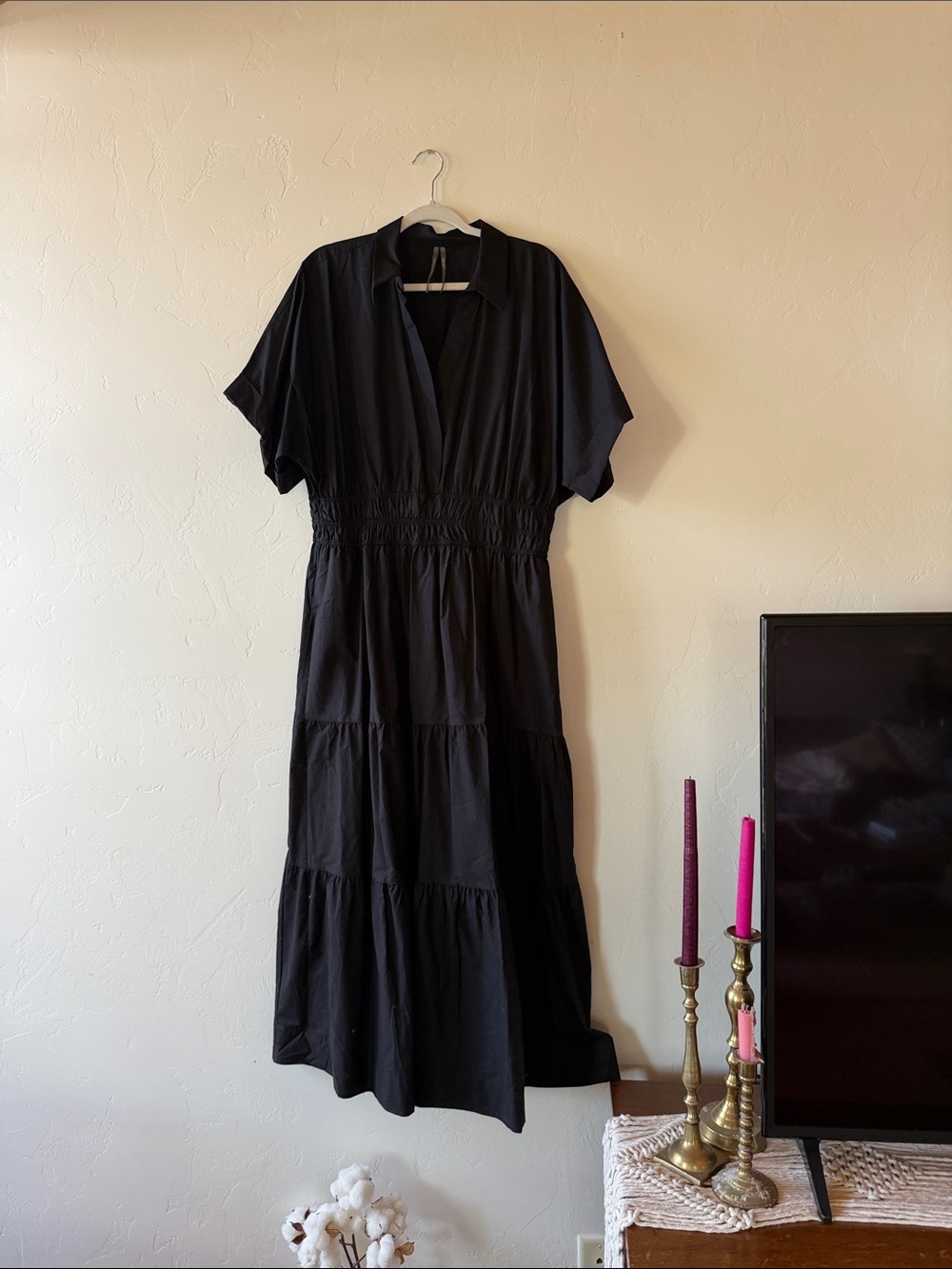 Anthropologie Black Tiered Midi Dress with Shirred Waist